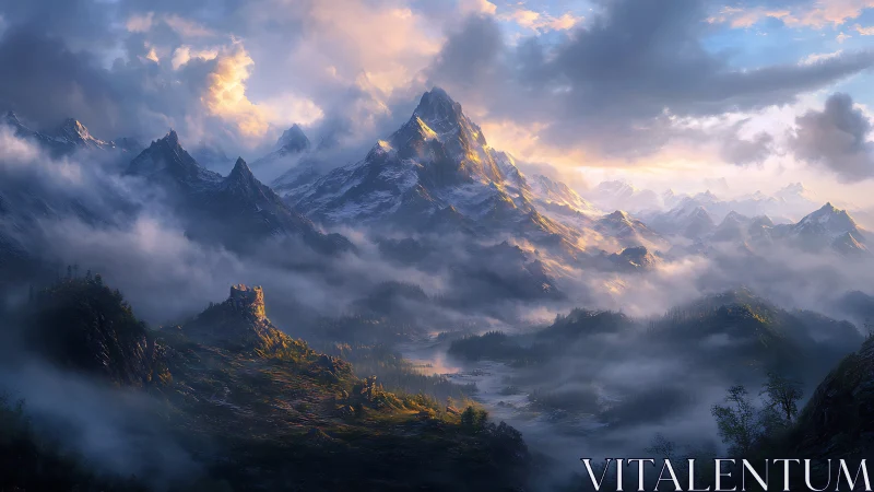 Sunlit mountain kingdom wrapped in drifting silver clouds.