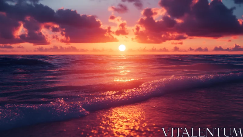 Gentle waves glow under a warm pink and orange sunset sky