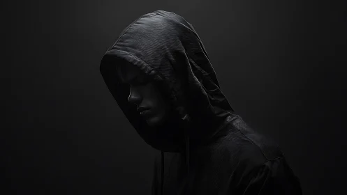 Solitary hooded figure in dark, moody side profile portrait.