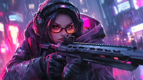 Cyber urban sniper with rifle in neon night rain scene.