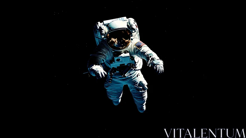 Solitary astronaut drifting weightless in deep black space.