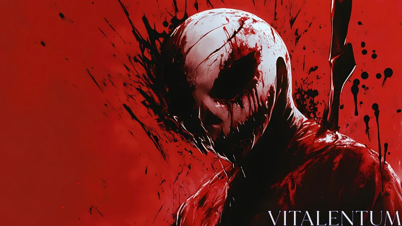 Blood-slicked masked revenant in a screaming crimson void.
