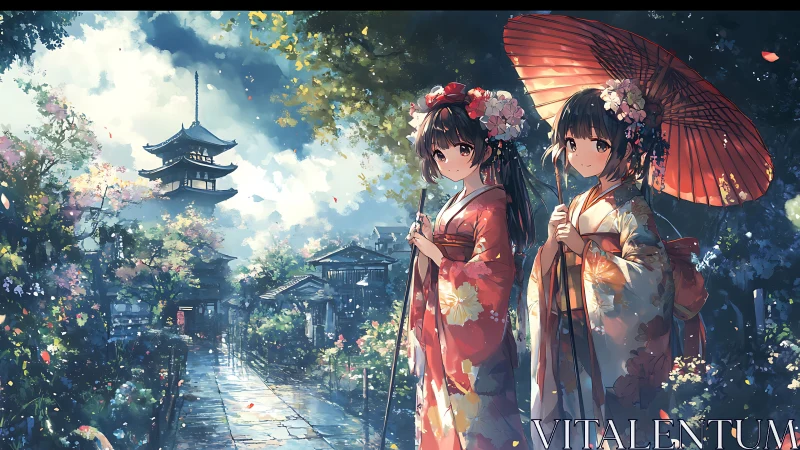 Spring stroll in kimonos beneath a gentle temple sky.