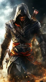 Hooded warrior emerging from firelit battle haze.