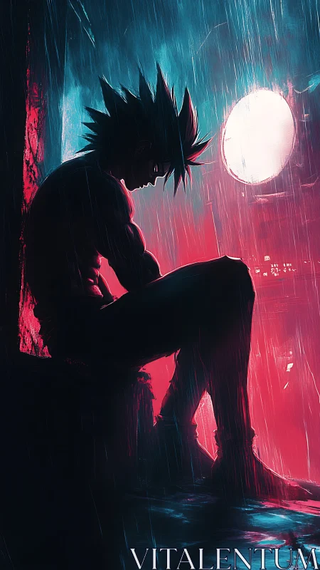 Brooding anime hero rests alone in neon rainstorm glow
