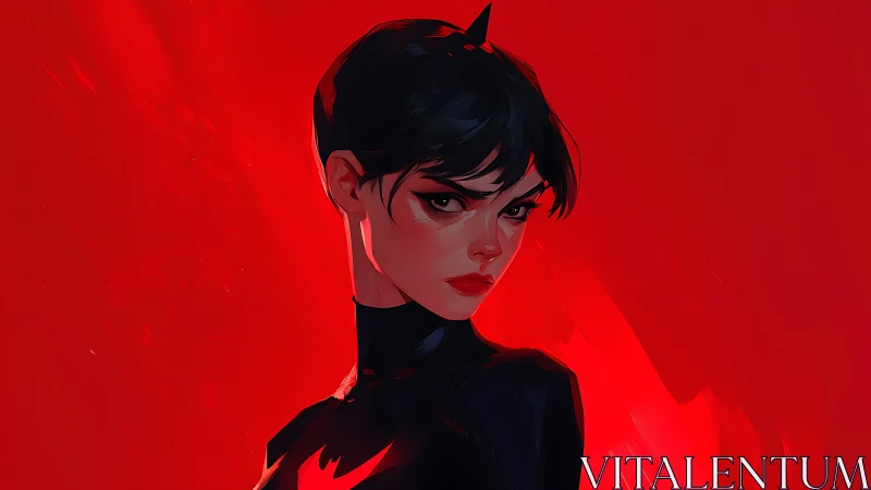 Dark-haired vigilante stands against intense crimson glow