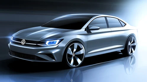 Streamlined sedan rendering with dynamic studio light modeling.