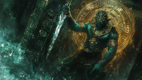 Mythic armored figure before ornate golden circular portal.