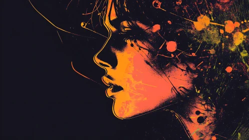 Profile of female face rendered in neon splatter lighting