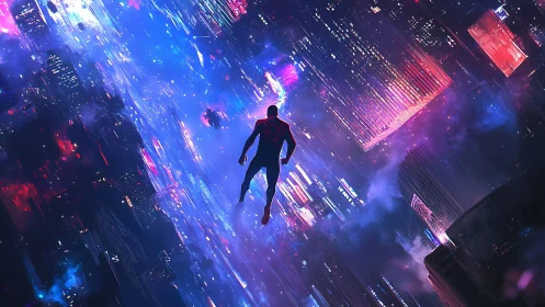 Spider-like hero falls through neon multiverse cityscape