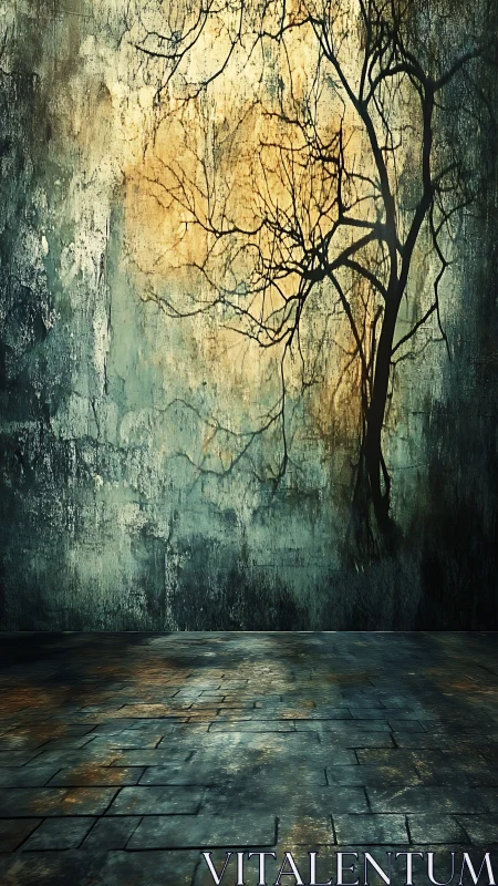 Bare tree shadow merges with textured wall in moody interior