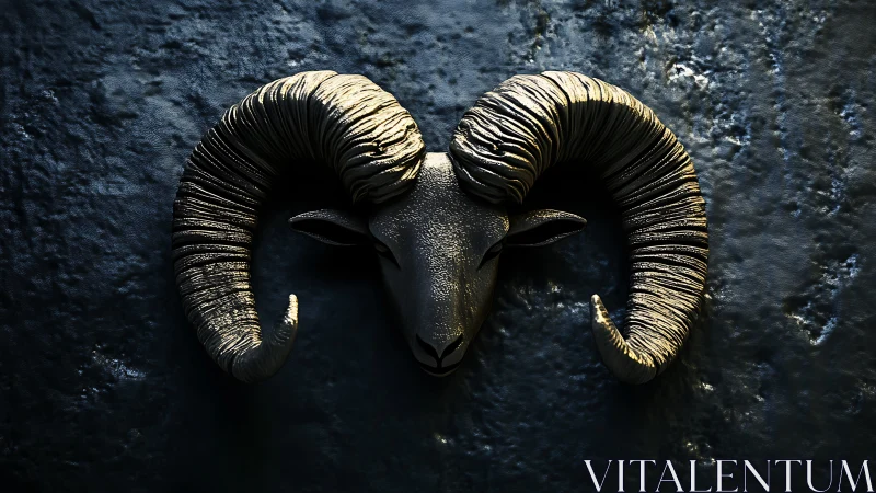 Ram skull sculpture emerges from shadowed stone wall