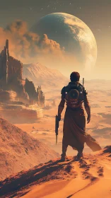 Exoplanetary desert sentry surveying stratified canyon megacity.
