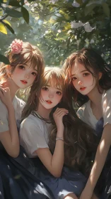 Sunlit garden trio sharing a quiet, dreamy afternoon.