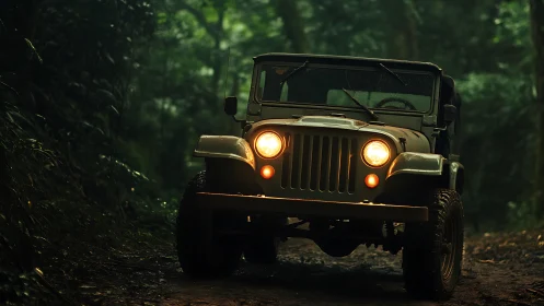 Off-road jeep advances through dim rainforest trail at dusk