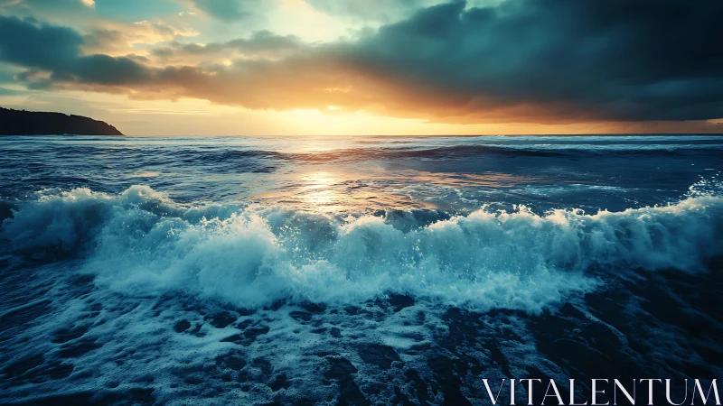Sunset waves break dynamically under dense coastal storm clouds