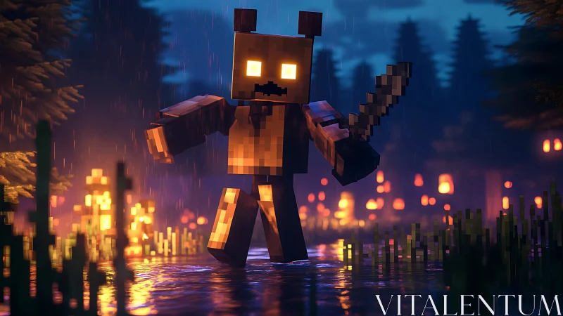 Voxel bear warrior in rain-soaked forest with emissive lighting