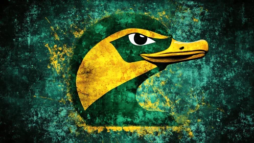 Duck emblem stares through emerald grit and golden static