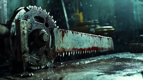Bloodstained industrial saw resting in a dim wet workshop.