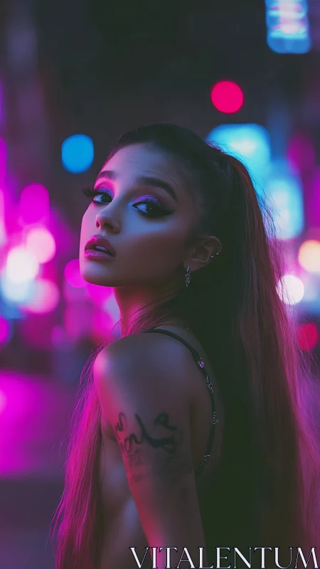 Neon-bathed portrait under shallow-depth bokeh field at night.