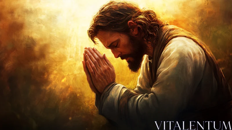 Luminous kneeling figure in contemplative prayer posture study.