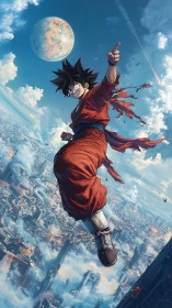 Sky-leaping warrior shreds clouds above neon sprawl.