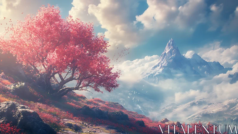 Pink tree on rocky slope facing distant snowy mountain.