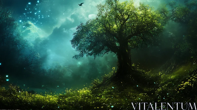 Luminescent forest clearing with central arboreal silhouette.