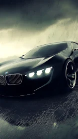 Storm-lit black sports car slicing through night rain.