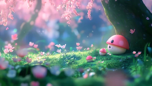 Mushroom characters rest under tree amid stylized blossoms