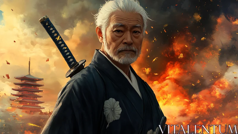 Aging samurai observes burning landscape with dramatic bokeh fire