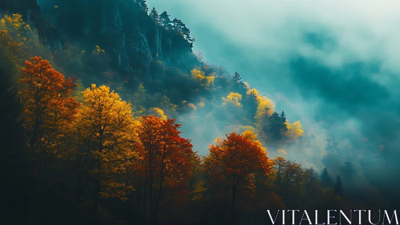 Autumn Valley Shrouded in Misty Mountain Fog
