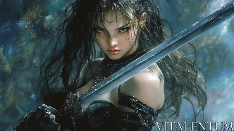 Fierce dark warrior grips steel blade amid storm haze.