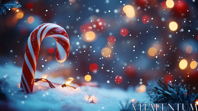 Candy cane in snowfall with glowing Christmas bokeh lights.