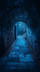 Stone tunnel walkway leads to blue lit exterior opening