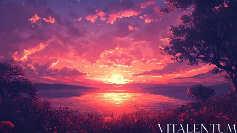 Gentle lakeside sunset glowing in soft pink and gold light.