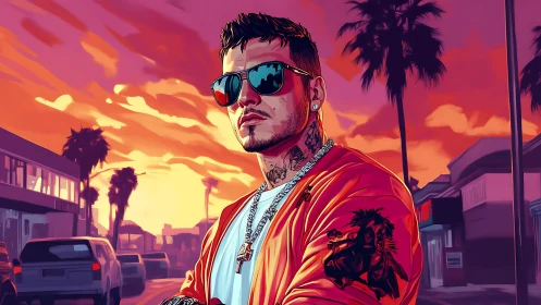 Sunset city swagger with tattooed street icon in neon hues.