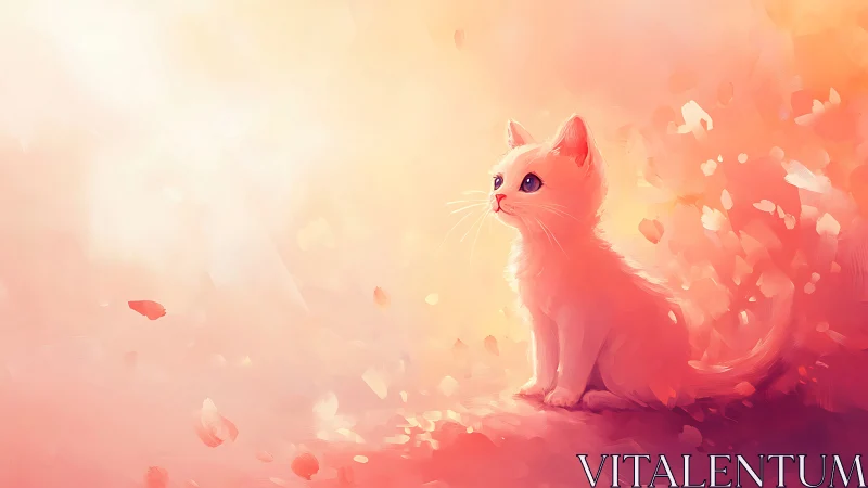 White Cat in Warm Orange and Pink Gradient Landscape