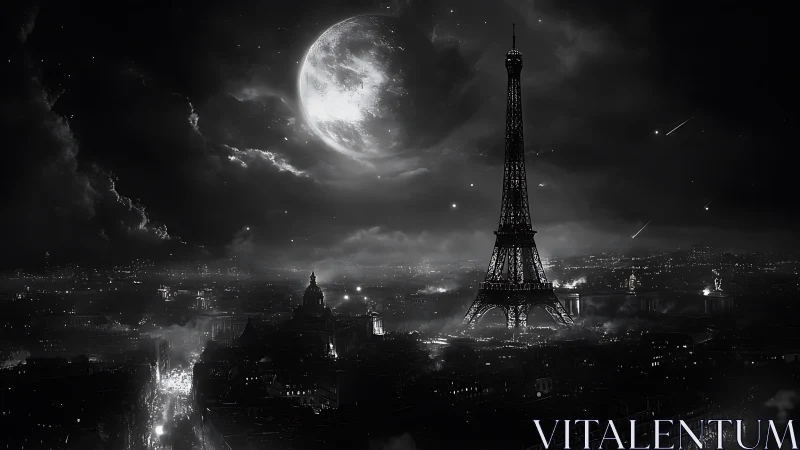 Eiffel Tower stands over nocturnal city under enlarged moon