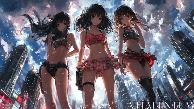 Triplicate urban sentinels in kinetic anime cityscape storm.