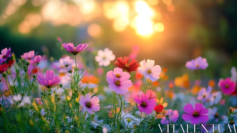 Vibrant Cosmos Flowers Dancing in Golden Sunset Light.