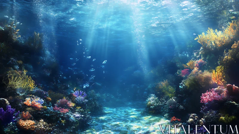 Radiant coral reef canyon under volumetric subsurface daylight scattering