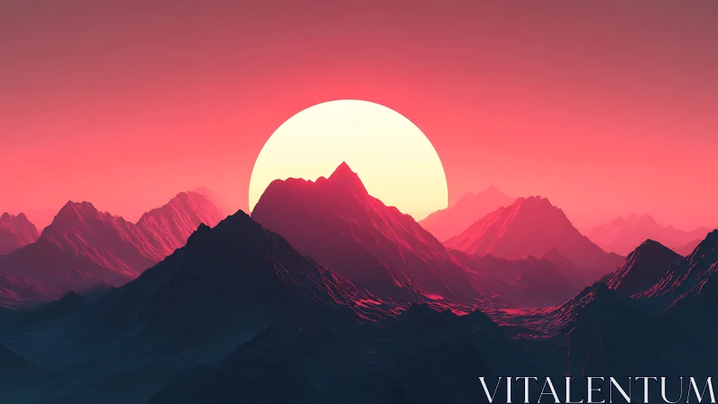 Digital sunlit mountain range under saturated red sky.