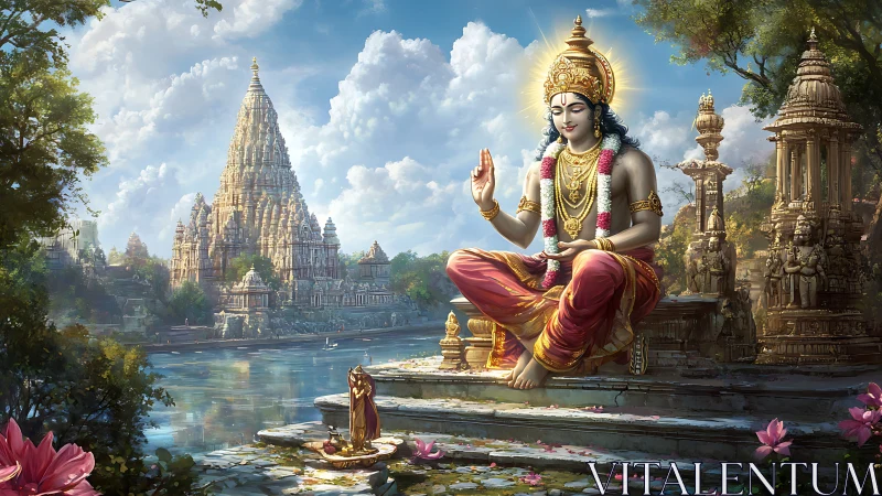 Divine figure beside river with ornate temple backdrop.