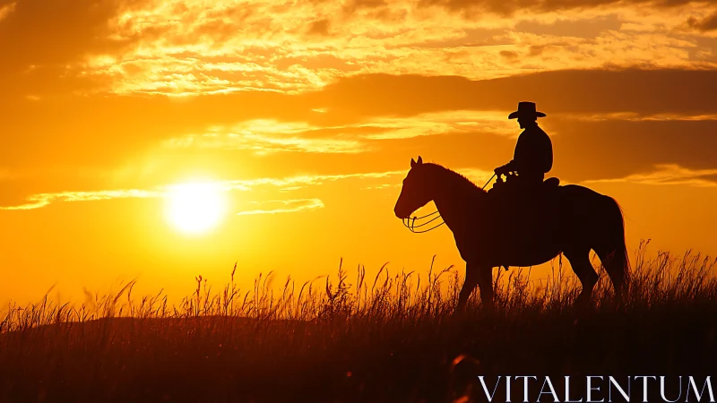 Silhouette of lone horseback rider against orange sunset.
