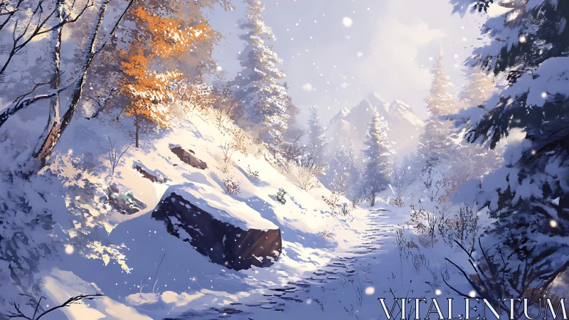 Gentle winter trail winding toward soft, sunlit peaks.