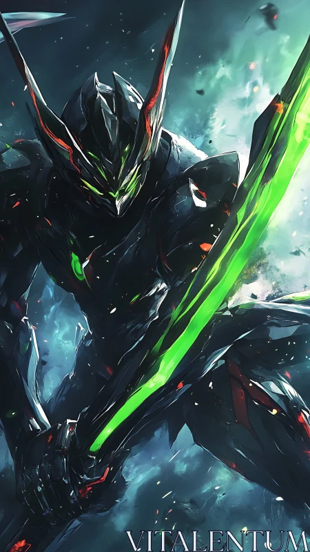 Neon blade guardian standing firm in a swirling storm.