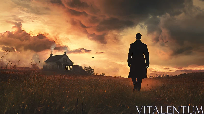 Solitary figure walks toward farmhouse beneath brooding sky.