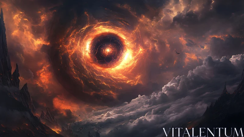 Luminous fiery vortex above rugged clouds and peaks.