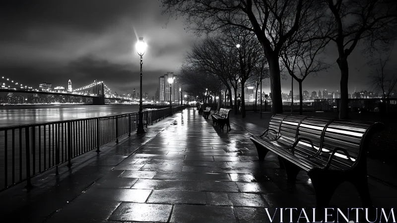 Nighttime riverside walkway shows wet benches and city lights
